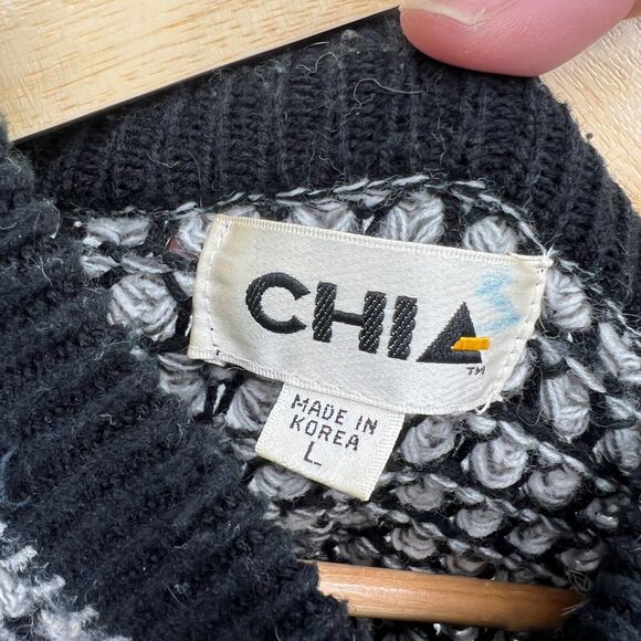 Vintage Chia Sweater 80s 90s Leather Shoulder Patches Men's L Black - Picture 3 of 9